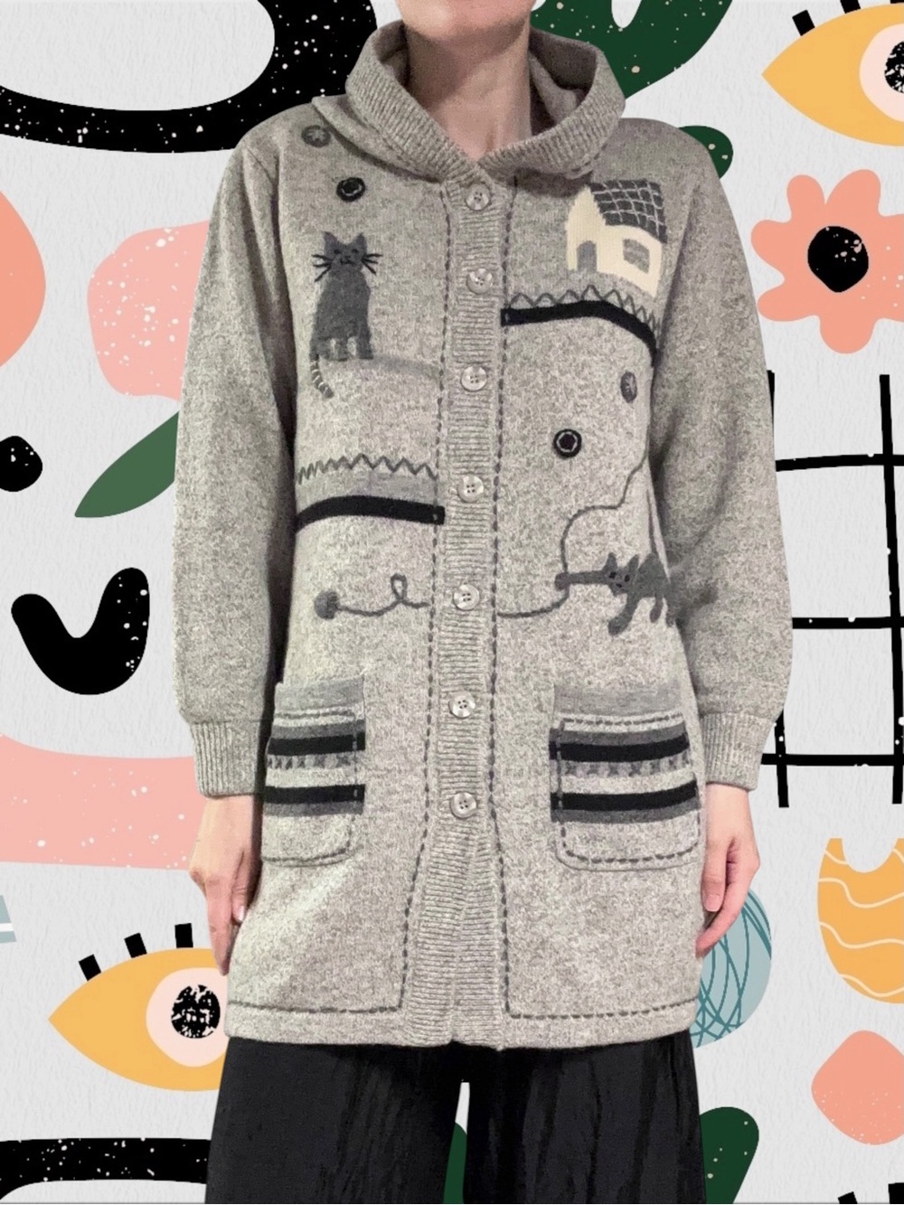 Boasorte | 100% Lambswool Cat Embroidered Button Front Sweater Coat
